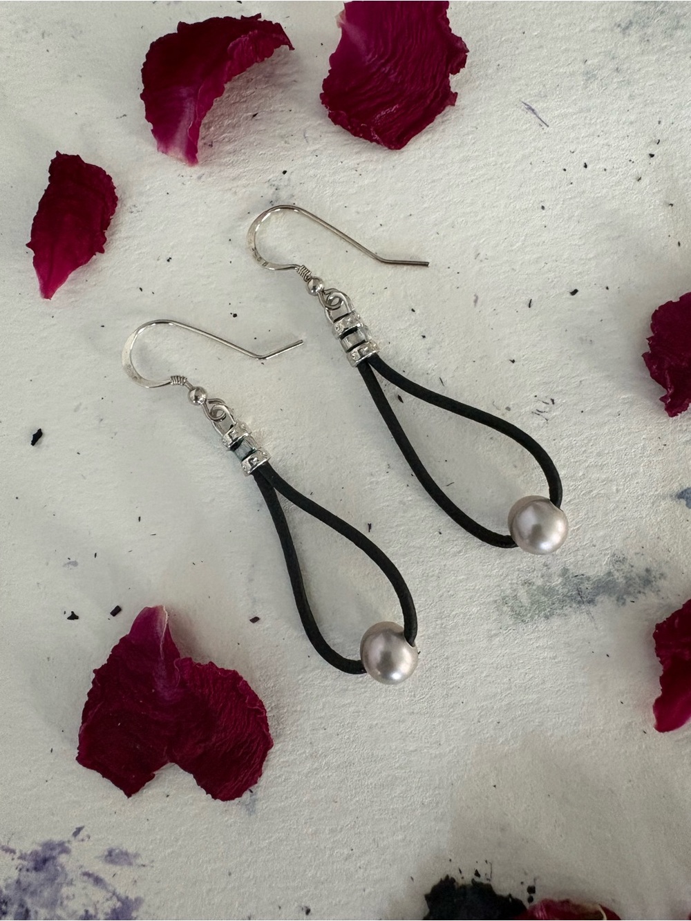 Black Leather Loop Earrings with Pearl Bead Accent